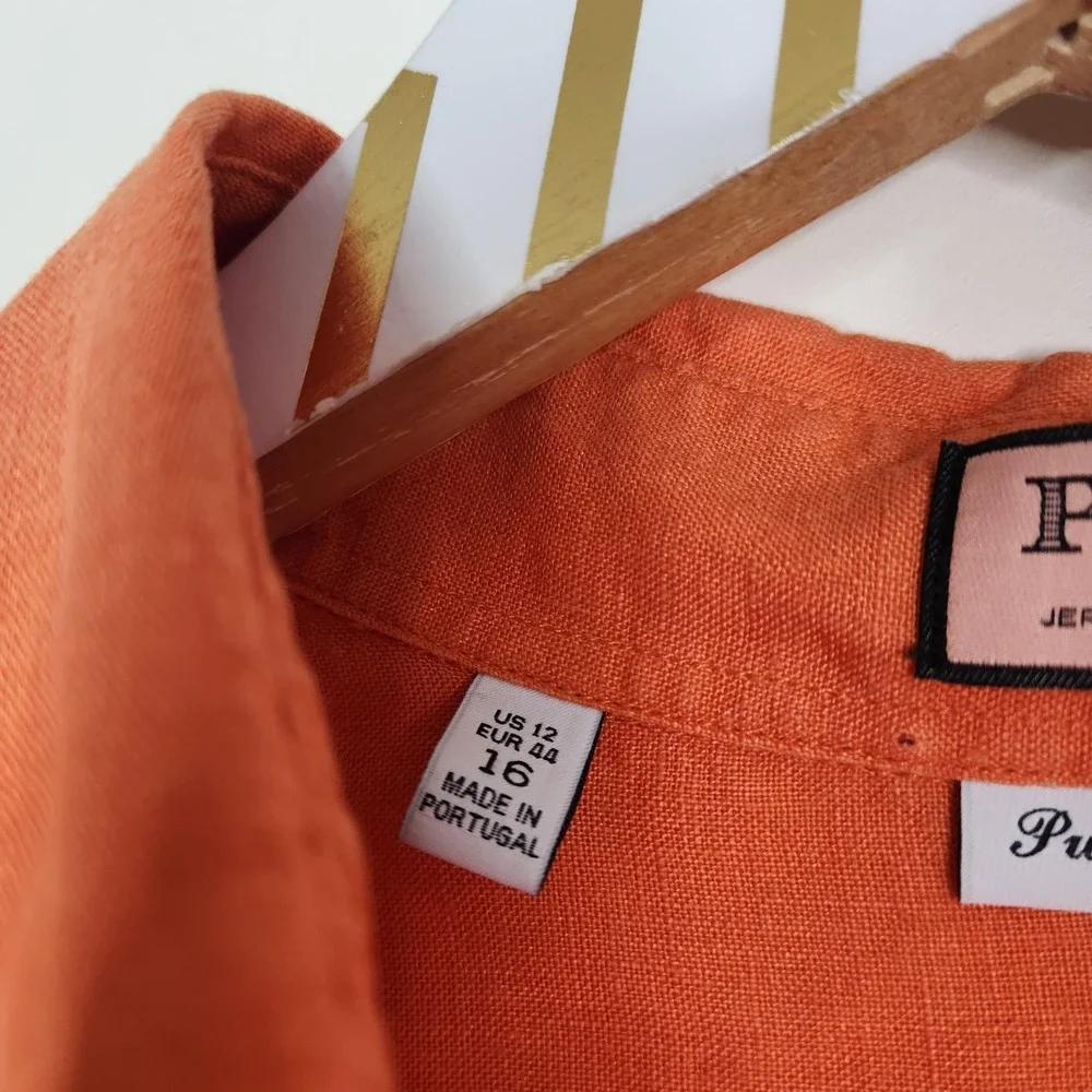 THOMAS PINK Shirt Womens US 12 Orange Pure Linen Button Front Roll‎ Tab Top